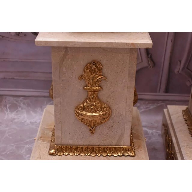 Pair of Large Neoclassical Beige Marble and Ormolu Bronze Urn Amphorae With Matching Pedestals For Sale - Image 14 of 16