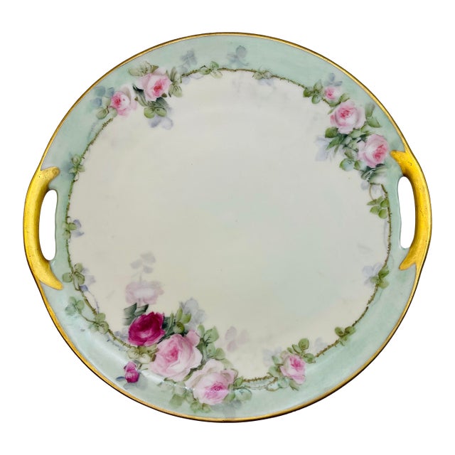 Early 20th Century Mint & Pink Pastel Rose Plate For Sale