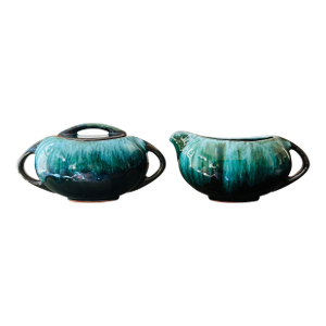 Mid 20th Century Blue Mountain Pottery Creamer and Sugar Bowl Set Emerald Green Drip Glaze Canada