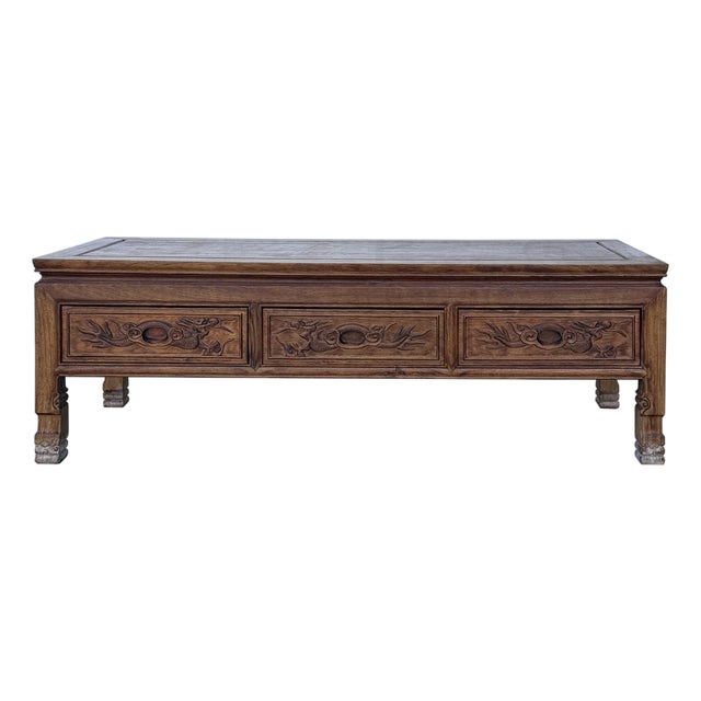 Vintage Natural Wood Pattern Rectangular Drawers Low Coffee Table For Sale
