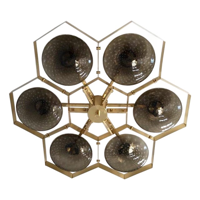 21st Century Hive Polished Brass Smoky Bubbles Murano Flush Mount by Fabio LTD For Sale