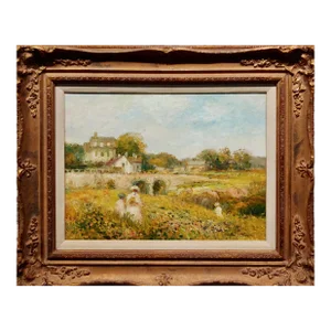 Henri Plisson -Women in White Dresses Picking Flowers by the French Chateau-Oil Painting
