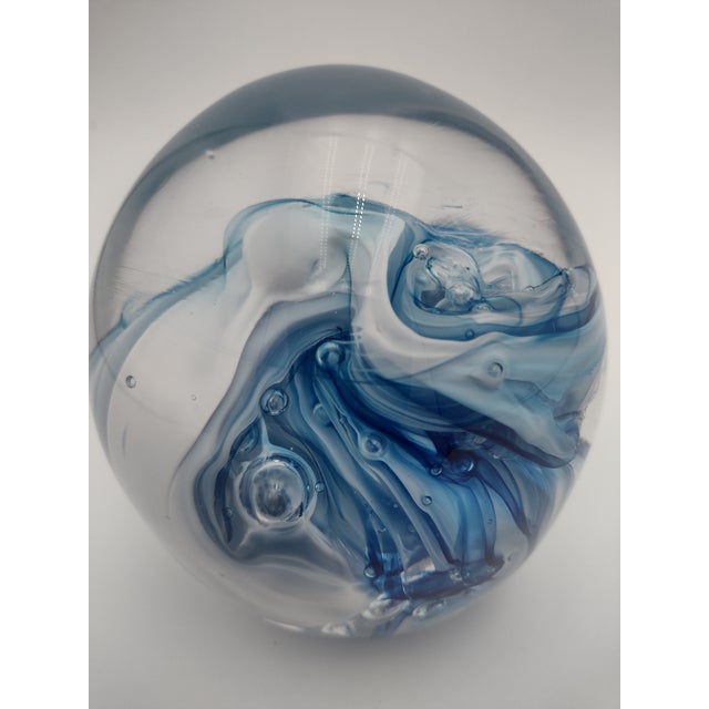Blue Signed Vintage Handblown Glass Paperweight With Blue & White Ribbon Swirl, 2003 For Sale - Image 8 of 11