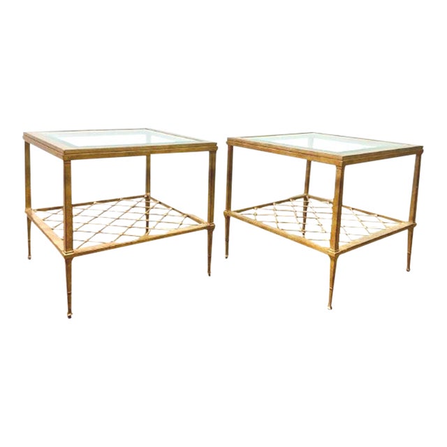Vintage Hollywood Regency Tiered Glass and Gilt Metal End Tables For Sale