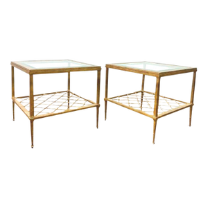 Vintage Hollywood Regency Tiered Glass and Gilt Metal End Tables