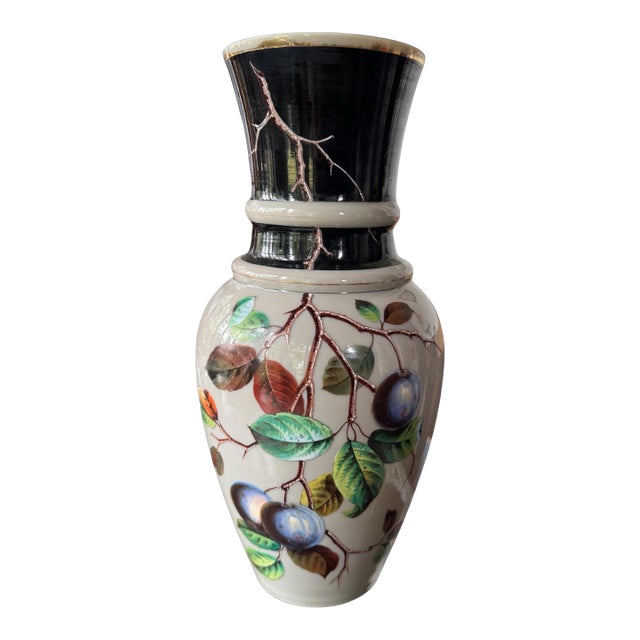 Antique French Opaline Hand Painted Floral Decorated Art Glass Vase For Sale