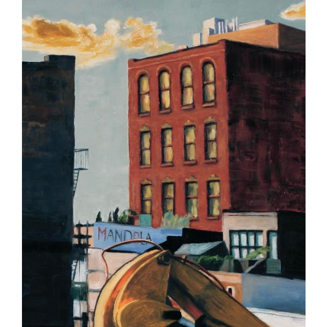 This is a West Village view from the early High Line. It measures 24x28" and is done on wood. Dated 2014.