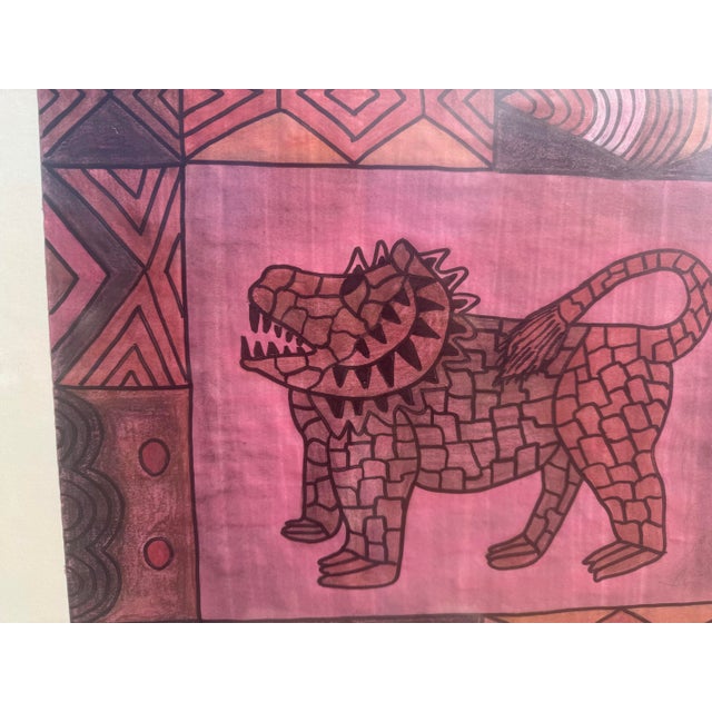 Jude Kirby Original Oil Pastel Painting, “Stone Lion” Folk Art. For Sale - Image 4 of 4