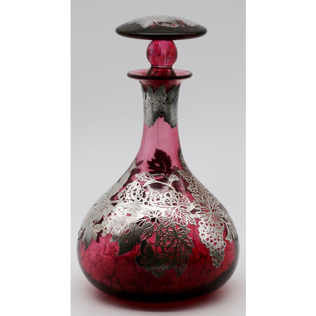 1900 - 1909 C. 1900 Cranberry Gold-Ruby Crackle Glass Decanter With Sterling Silver Overlay For Sale - Image 5 of 9