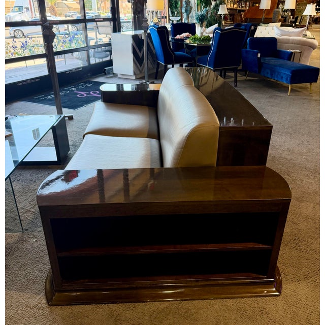 Leather & Dark Wood Sofa With Built-in Shelving For Sale In Las Vegas - Image 6 of 6