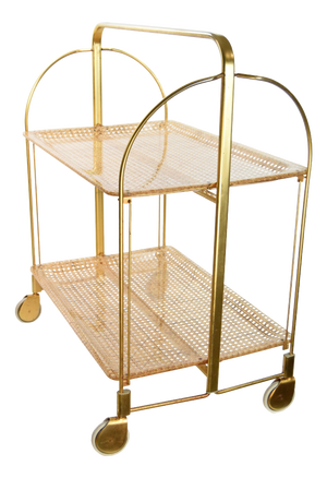 Mid-Century Folding Bar Cart with Rattan Mesh and Acrylic Glass Shelves, 1960s