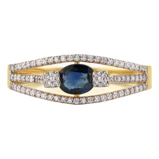 14k Yellow Gold Blue Sapphire & Diamond Split Shank Modern Ring Size 9 For Sale