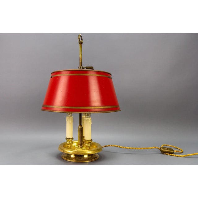 French Brass and Red Tole Shade Three-Light Bouillotte Desk Lamp, 1950s For Sale - Image 10 of 18