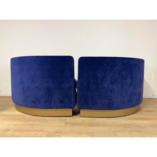 Blue Curved Sofas in Blue Velvet with Brass Base, 1990s, Set of 2 For Sale - Image 8 of 9