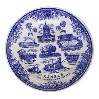Kansas Sunflower State Delft Style Blue and White Decorative Plate For Sale