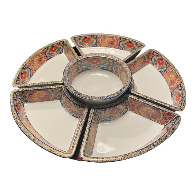 Asian Porcelain Appetizer Serving Set on Stand For Sale