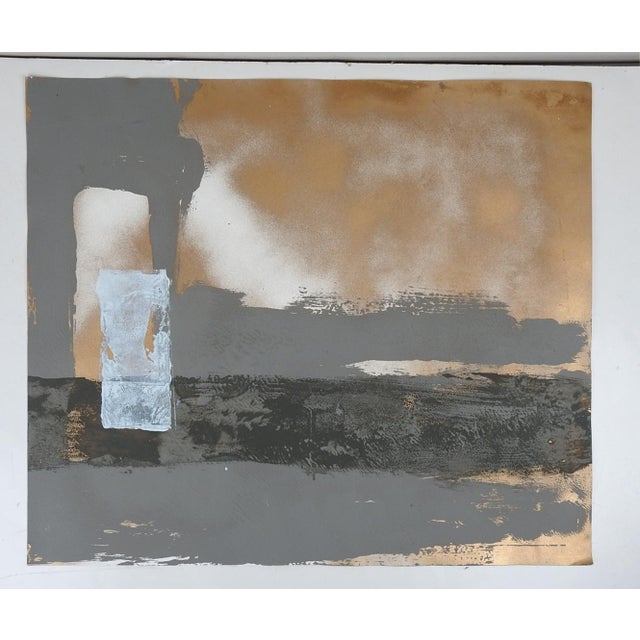 Contemporary mixed media on paper bold abstract in neutral tones, gray, copper metallic and white. Unsigned. Unframed.