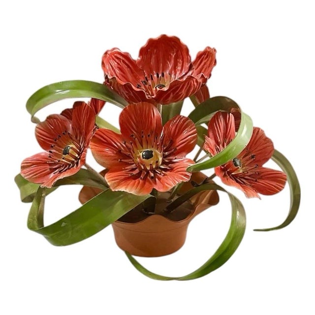 Vintage Italian Tole Red Poppy Flowers / Floral Poppies Arrangement Sculpture in Pot, Made in Italy For Sale - Image 4 of 8