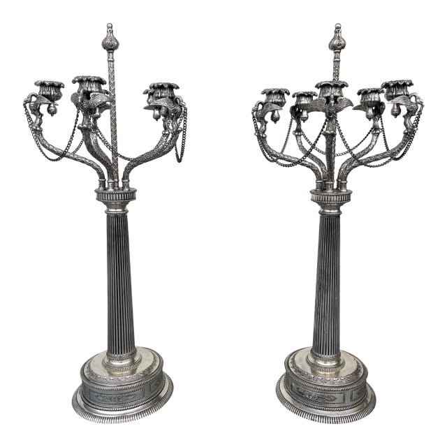 Pair of Vintage Silver Neoclassical Candelabras by Bombay Company For Sale