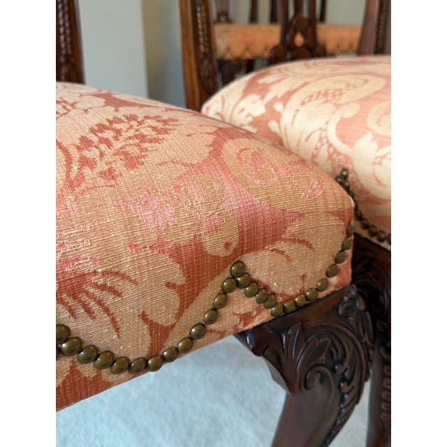 Vintage Chippendale Carved Mahogany and Damask Dining Chairs - Set of 4 For Sale - Image 13 of 18