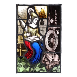 Neo-Gothic Stained Glass Panel of a Woman at a Spinning Wheel, Belgium, 1900 For Sale