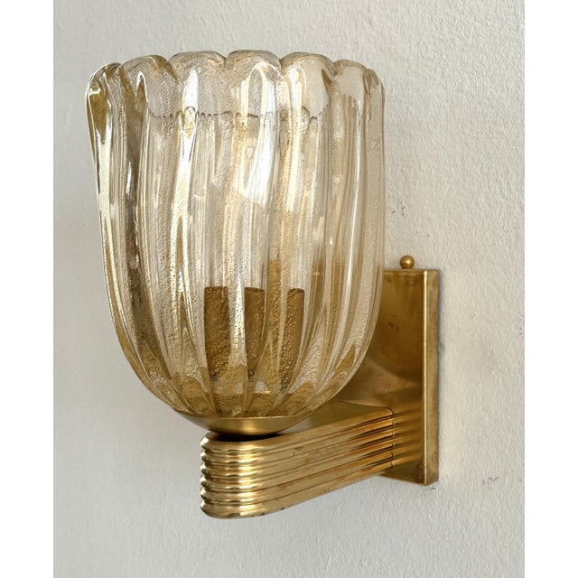 Gold Art Deco Murano Crystal Glass and Brass Wall Sconces, 1990s, Set of 2 For Sale - Image 8 of 13