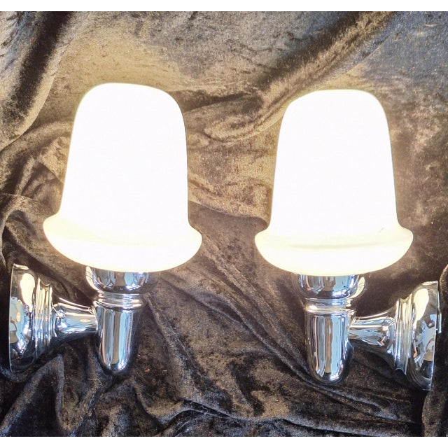 Vintage Wall Lamps with Chrome-Plated Brackets and Opaque White Glass Shades from Hillebrand-Leuchten, 1980s, Set of 2 For Sale - Image 3 of 8