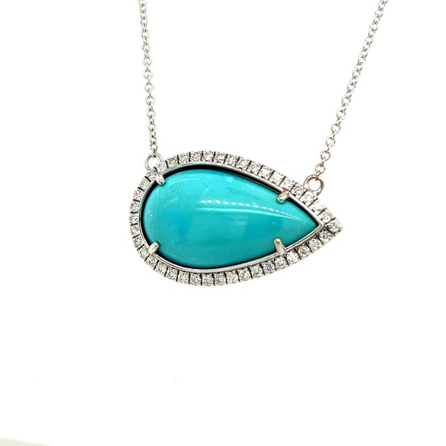 2010s Persian Turquoise Diamond Halo Pendant With Chain 14k WG Certified For Sale - Image 5 of 8