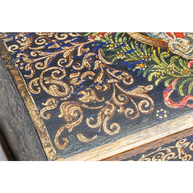Striking Hand Painted Antique Domed Wood Casket Box With Key Madonna and Child Religious Scene For Sale In New York - Image 6 of 18