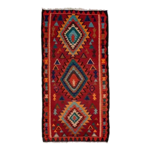 Vintage Kilim Handmade Flatweave Red Geometric Wool Runner 5' 3'' X 10' 11''