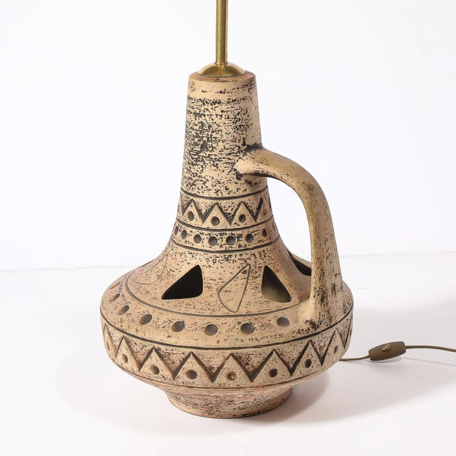 Mid-Century Ceramic Table Lamp W/ Geometric Umber Motifs & Organic Cutout Detail For Sale - Image 14 of 14