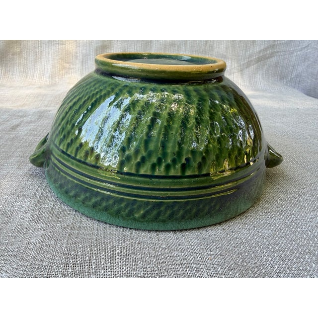 Folk Art Vintage Green Glazed Ceramic Pottery Bowl With Side Handles For Sale - Image 3 of 12
