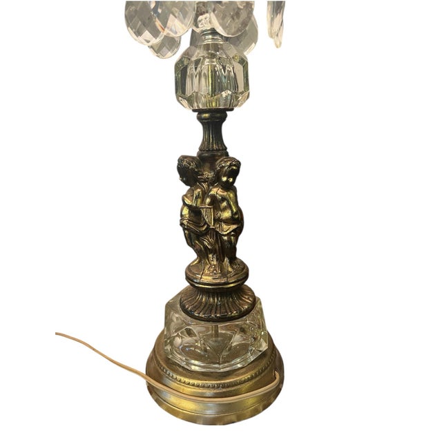Pair of Vintage 1950s Hollywood Regency Italian Rococo Revival Cherub Lamps – Brass & Crystal For Sale - Image 4 of 11