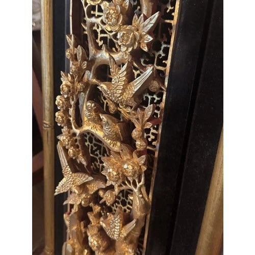 Vintage Chinese Giltwood Carved Relief Wall Hanging With Birds Flowers and Trees For Sale - Image 9 of 10