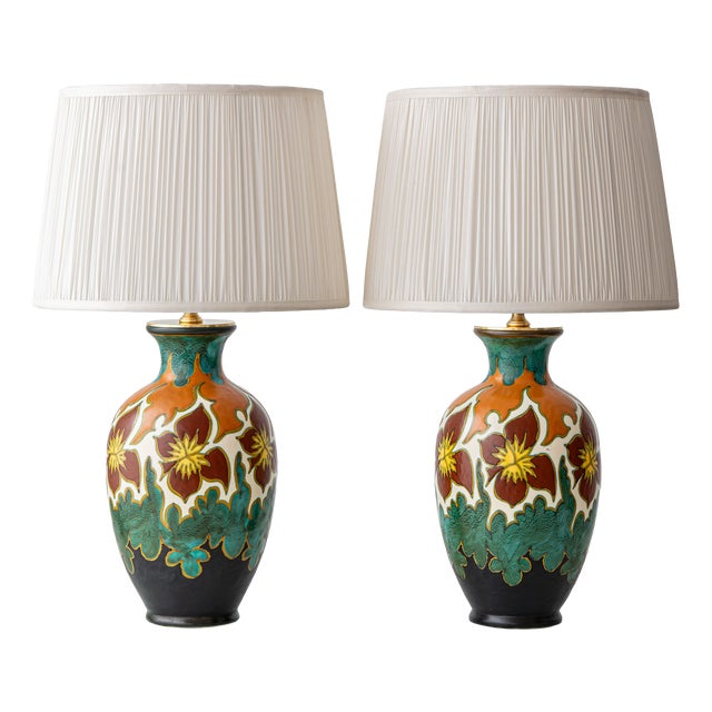 Art Deco Dutch Gouda Pottery Table Lamps with Silk Lampshade, 1920s, Set of 2 For Sale