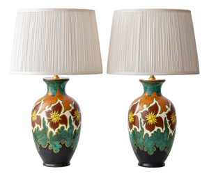 Art Deco Dutch Gouda Pottery Table Lamps with Silk Lampshade, 1920s, Set of 2