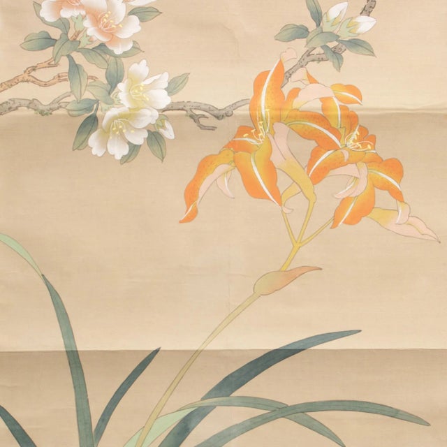 Textile Post-1940 Showa Japanese Silk Scroll "Rosefinch and Camellias" For Sale - Image 7 of 12