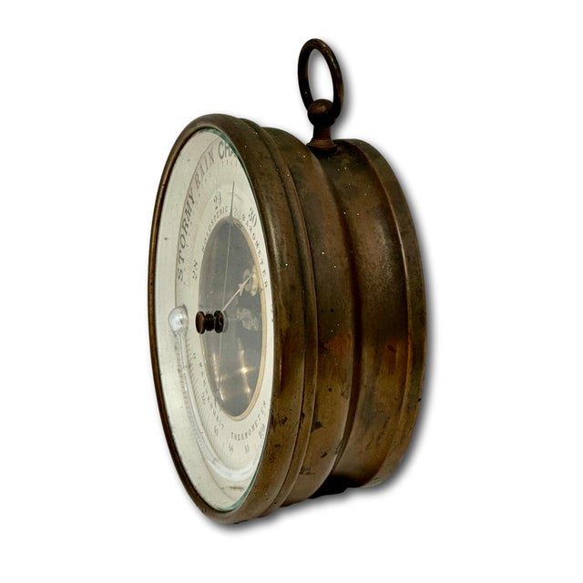 Metal Fine Antique Brass Ships Holosteric Barometer & Thermometer by Pertius,Hulot,Bourgeois & Naudet Paris France For Sale - Image 7 of 18