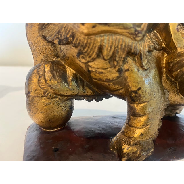 Pair Late 19th Century Chinese Carved Giltwood Male & Female Guardian Foo Dogs With Cub Attached to Female For Sale - Image 10 of 12