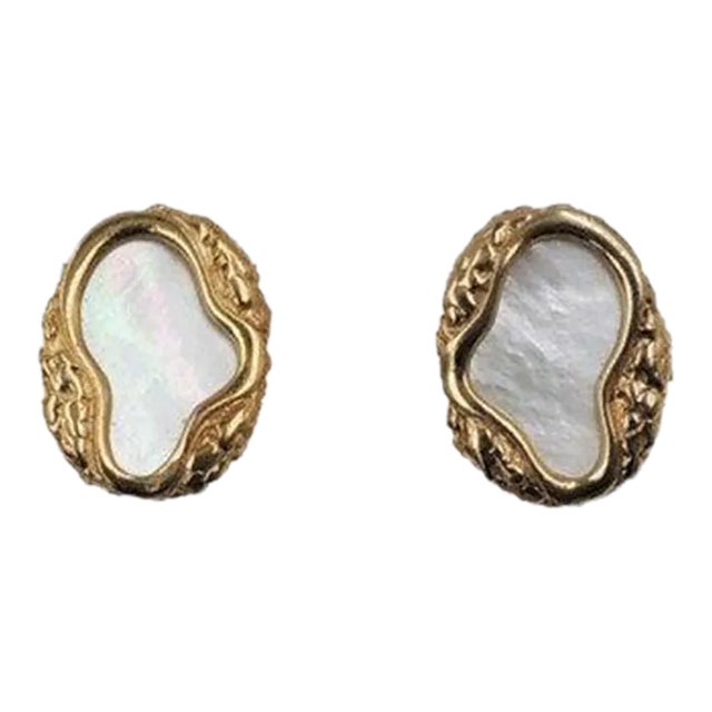 Vintage Signed Napier Modernist Mother-Of-Pearl Clip Earrings, 1982 - 2 Pieces For Sale