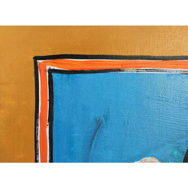 Large colorful contemporary abstract painting of a figure standing in an interior done in bright yellow, blues, and reds....