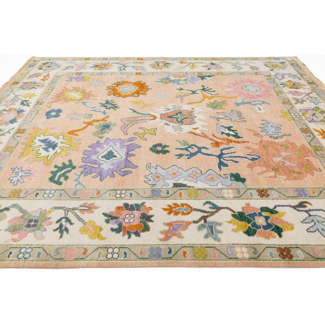 Contemporary Hand-Knotted Oushak Style Wool Rug in Soft Peach, Lavender & Ochre For Sale - Image 4 of 12