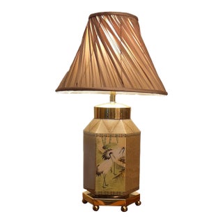 Vintage Chinoiserie Hexagonal Reverse-Painted Glass & Brass Table Lamp For Sale