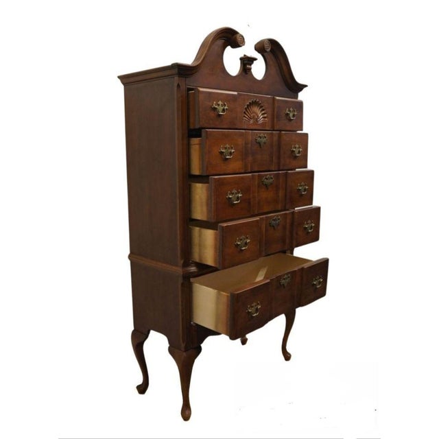 Vintage 1980's Cherry Chippendale Style, with Queen Anne legs. Large Pediment Highboy Chest Model no. 605-100. J 1019....