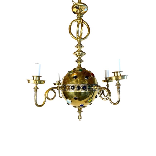 Early 20th Century Brass Moroccan Style Chandelier with Colored Stones For Sale - Image 11 of 18