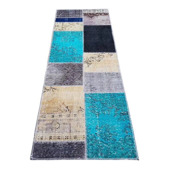 Beige & Blue Vintage Runner Rug For Sale
