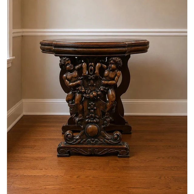 1950s Pair of Walnut Console Table With Carved Cherubs For Sale - Image 4 of 5