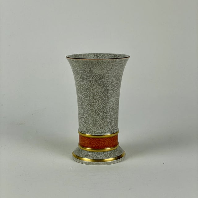 Mid-Century Modern 1960's Royal Copenhagen Denmark Grey Crackle Ceramic Vase With Orange & Gilded Bands For Sale - Image 3 of 8