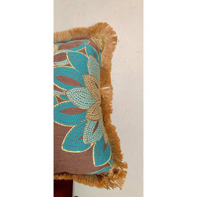 Large Rectangular Brown and Turquoise Floral Pillow With Jute Raffia Fringe For Sale - Image 4 of 6