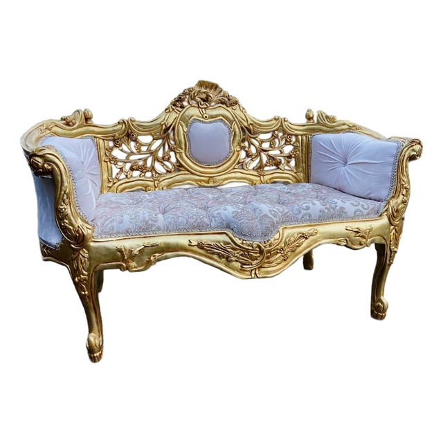 1980 French Louis XVI Gilded Beech Settee Pink Damask For Sale